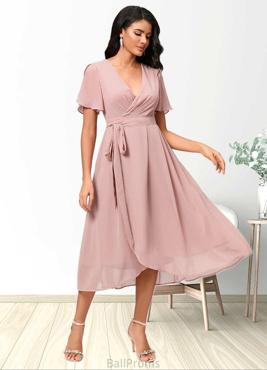 Brooklynn A-line V-Neck Asymmetrical Chiffon Cocktail Dress With Bow Pleated HJP0022368