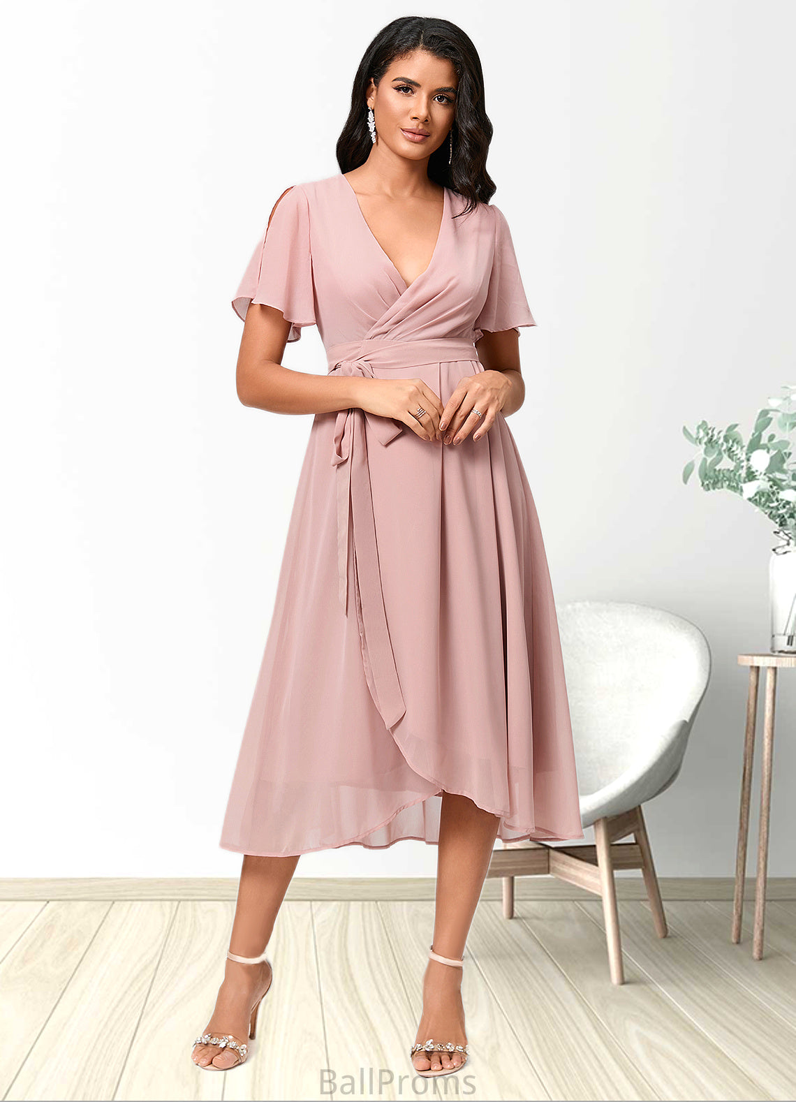 Brooklynn A-line V-Neck Asymmetrical Chiffon Cocktail Dress With Bow Pleated HJP0022368