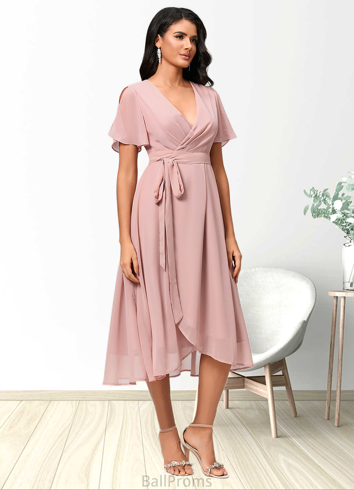 Brooklynn A-line V-Neck Asymmetrical Chiffon Cocktail Dress With Bow Pleated HJP0022368