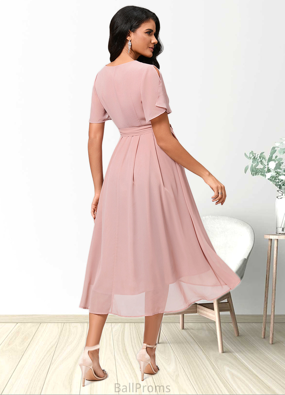 Brooklynn A-line V-Neck Asymmetrical Chiffon Cocktail Dress With Bow Pleated HJP0022368