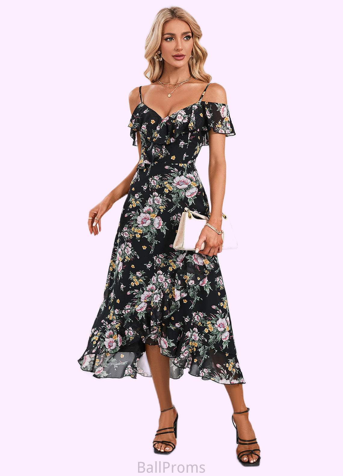 Aspen Floral Print Cold Shoulder Elegant A-line Chiffon Asymmetrical Dresses HJP0022369