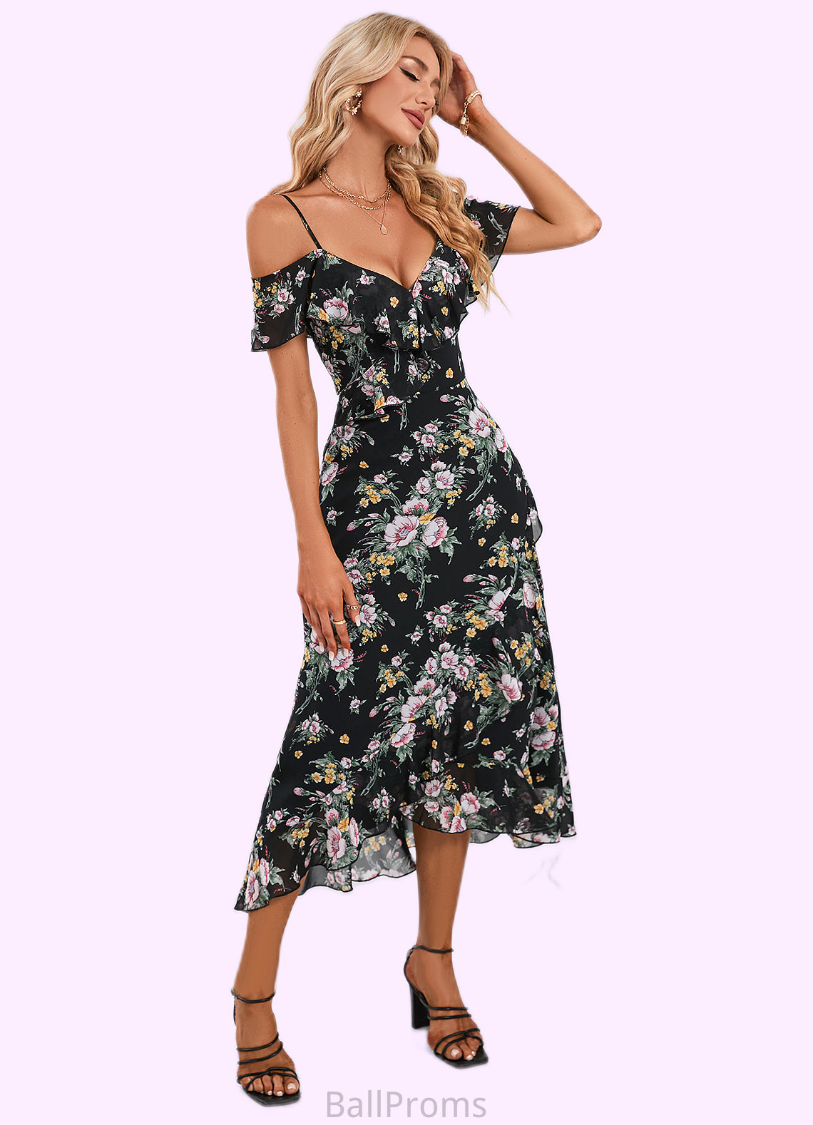 Aspen Floral Print Cold Shoulder Elegant A-line Chiffon Asymmetrical Dresses HJP0022369