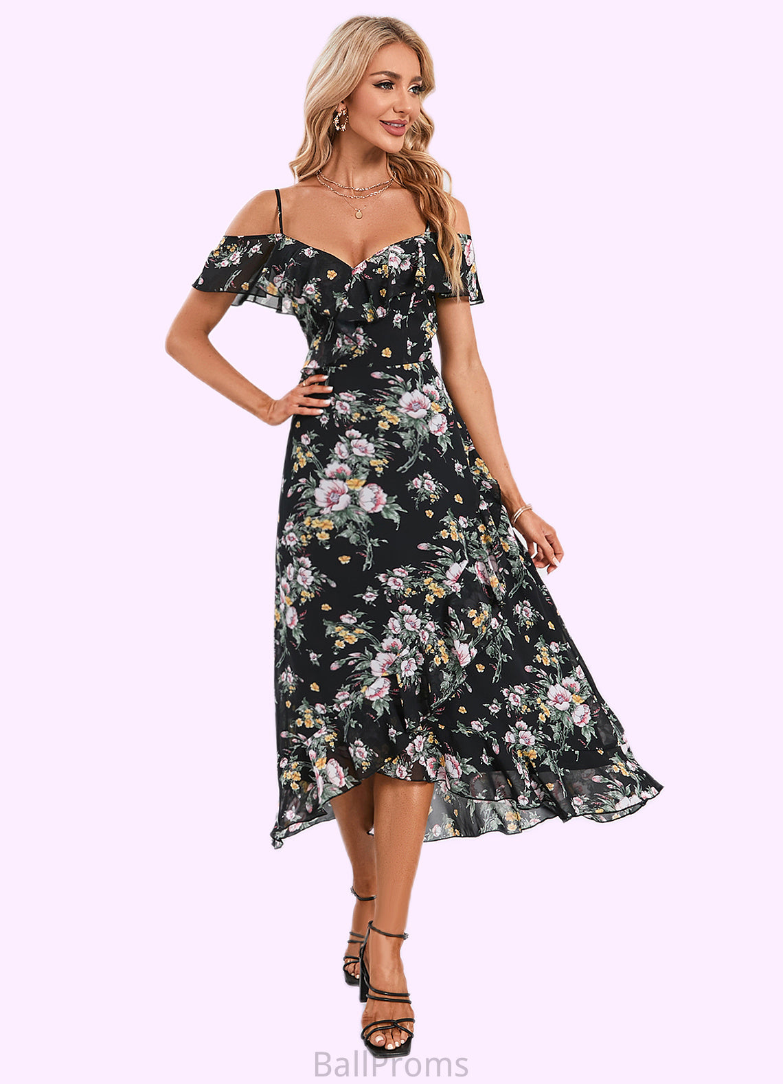 Aspen Floral Print Cold Shoulder Elegant A-line Chiffon Asymmetrical Dresses HJP0022369