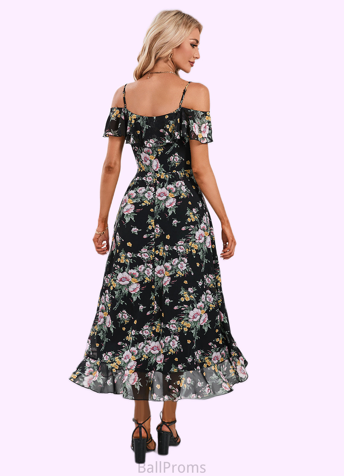 Aspen Floral Print Cold Shoulder Elegant A-line Chiffon Asymmetrical Dresses HJP0022369