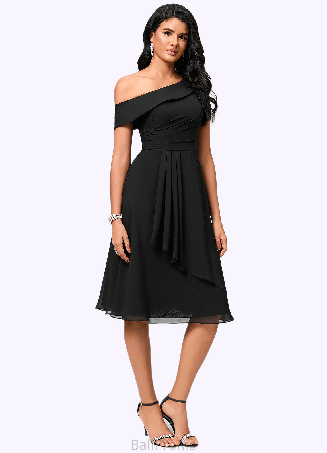 Hallie A-line One Shoulder Tea-Length Chiffon Cocktail Dress With Ruffle HJP0022378