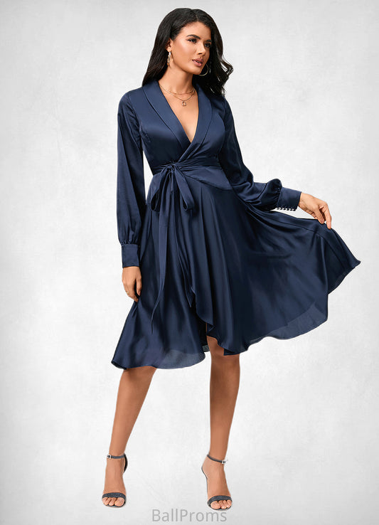 Jaida A-line V-Neck Asymmetrical Silky Satin Cocktail Dress With Bow HJP0022385