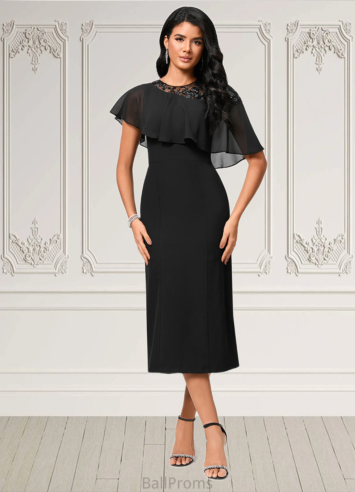 Katharine Sheath/Column Scoop Tea-Length Chiffon Cocktail Dress With Appliques Lace HJP0022388