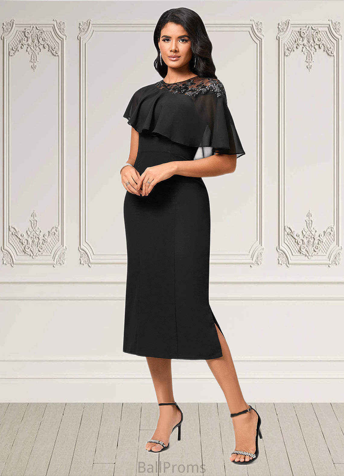 Katharine Sheath/Column Scoop Tea-Length Chiffon Cocktail Dress With Appliques Lace HJP0022388