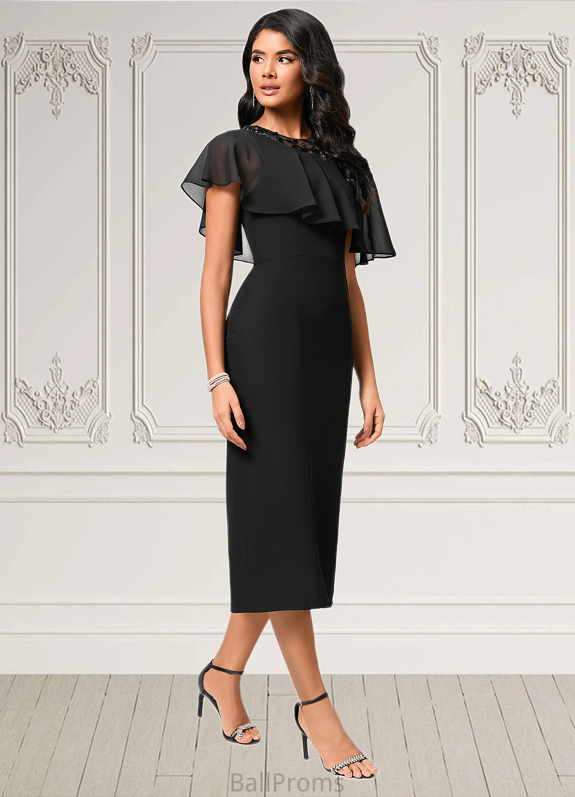 Katharine Sheath/Column Scoop Tea-Length Chiffon Cocktail Dress With Appliques Lace HJP0022388