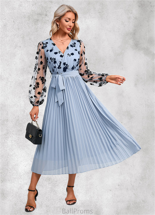 Hillary Flower Pleated V-Neck Elegant A-line Chiffon Midi Dresses HJP0022402