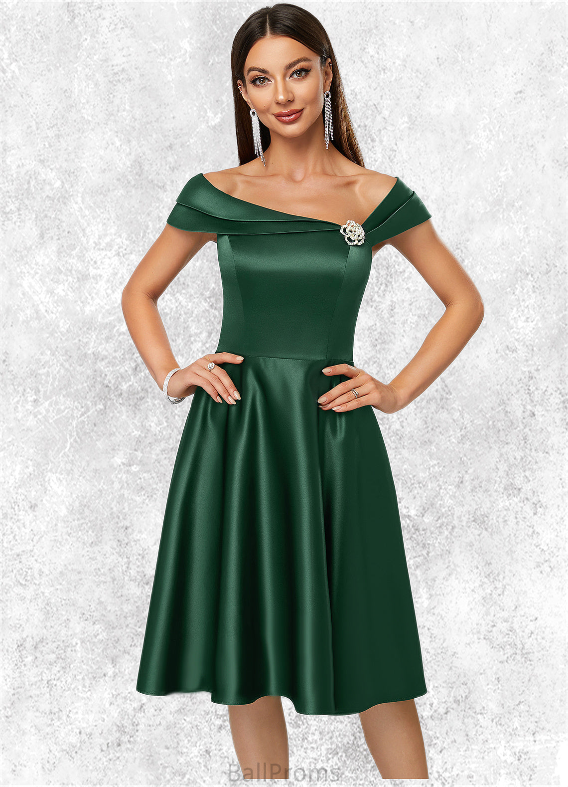 Viviana A-line Asymmetrical Knee-Length Satin Cocktail Dress With Rhinestone Crystal Brooch HJP0022407