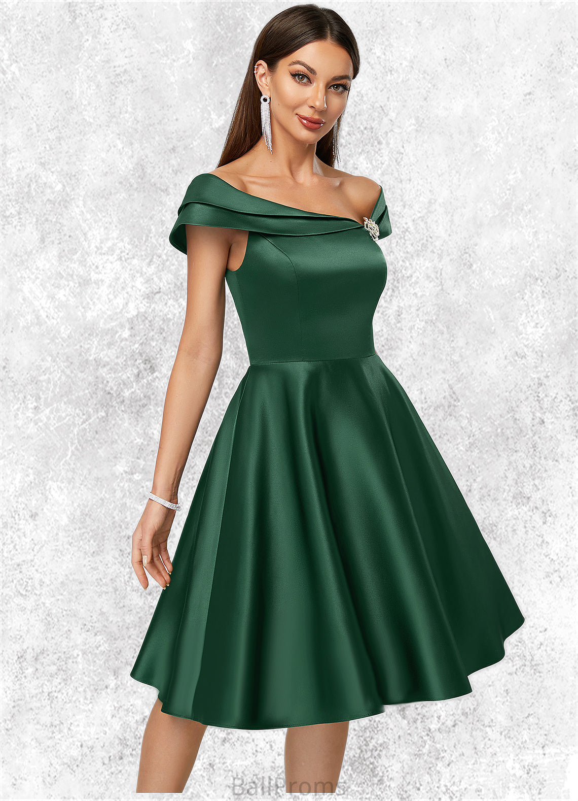 Viviana A-line Asymmetrical Knee-Length Satin Cocktail Dress With Rhinestone Crystal Brooch HJP0022407