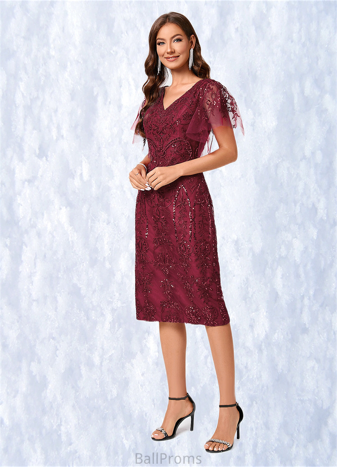 Allie A-line Off the Shoulder Knee-Length Lace Sequin Cocktail Dress With Sequins HJP0022420