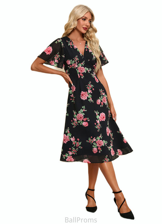 Ellen Floral Print V-Neck Elegant A-line Chiffon Midi Dresses HJP0022424