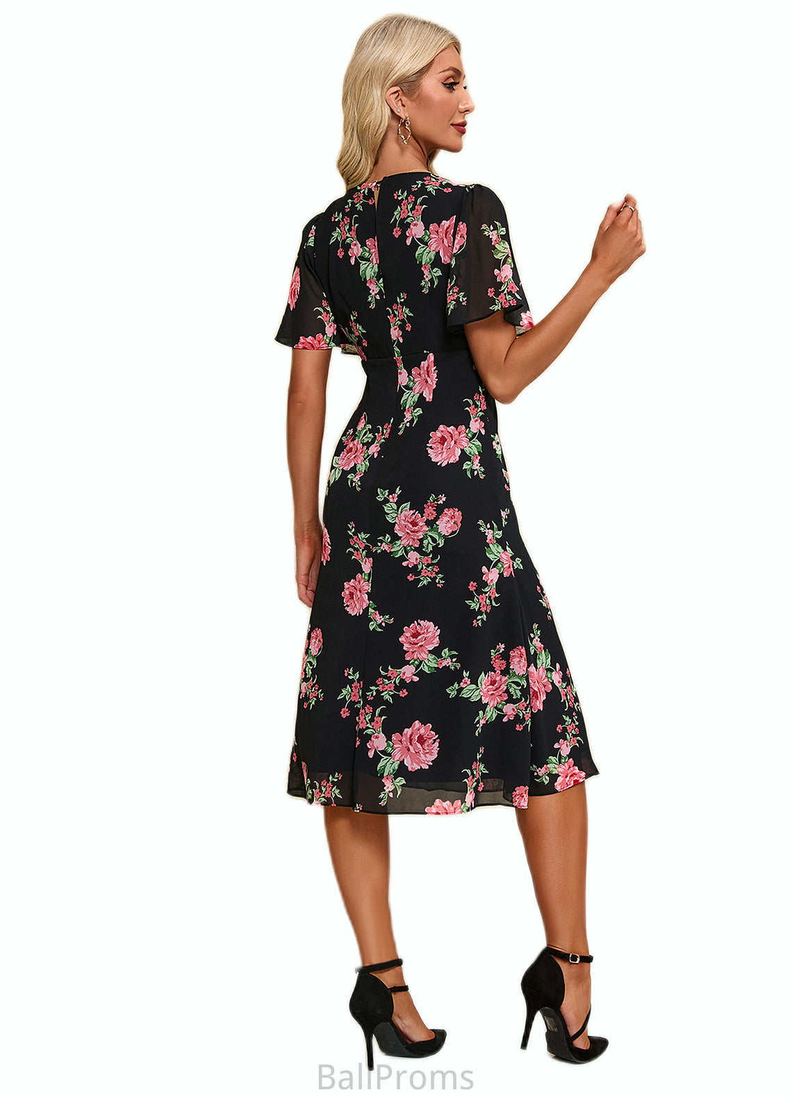 Ellen Floral Print V-Neck Elegant A-line Chiffon Midi Dresses HJP0022424