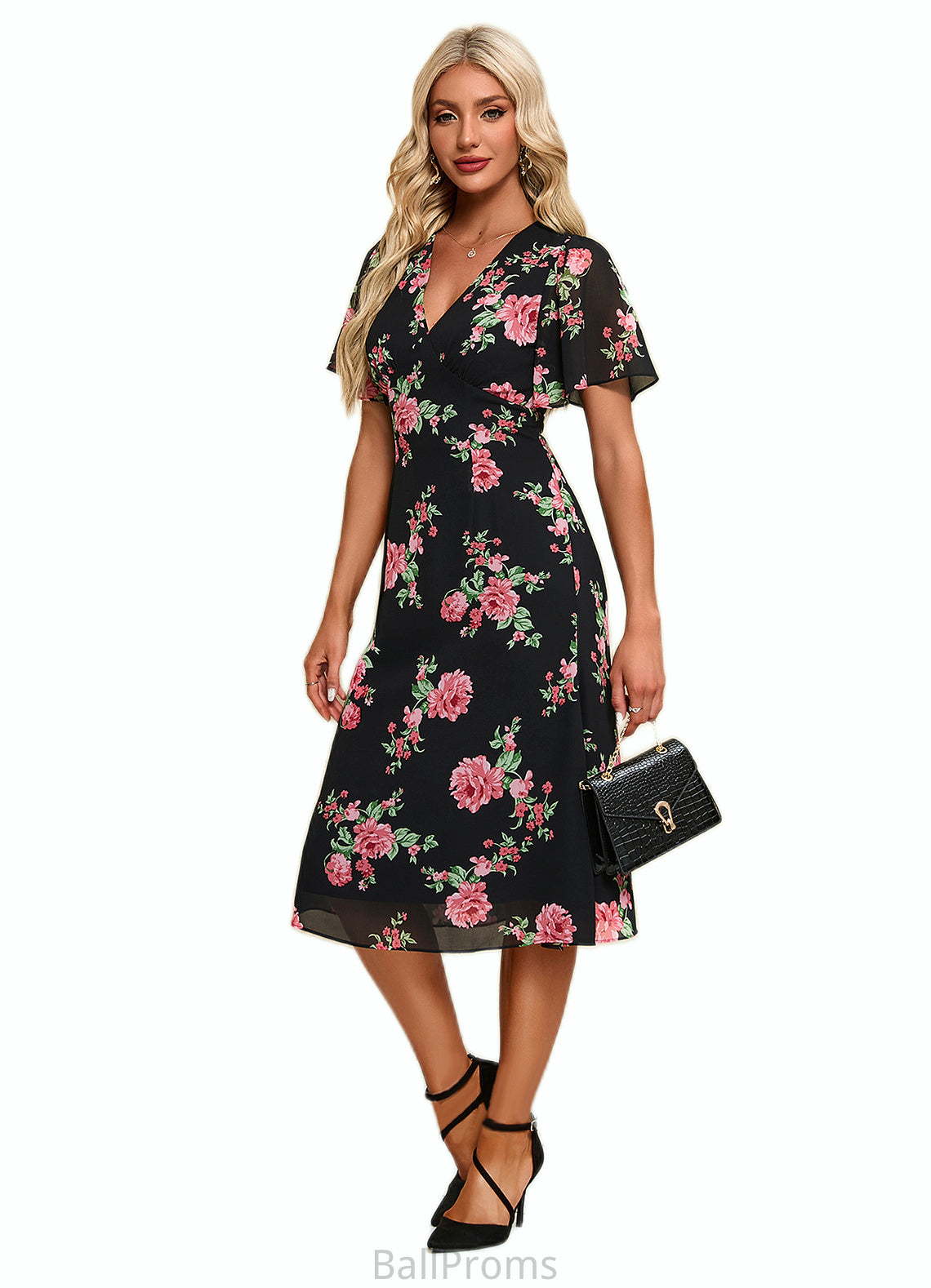 Ellen Floral Print V-Neck Elegant A-line Chiffon Midi Dresses HJP0022424