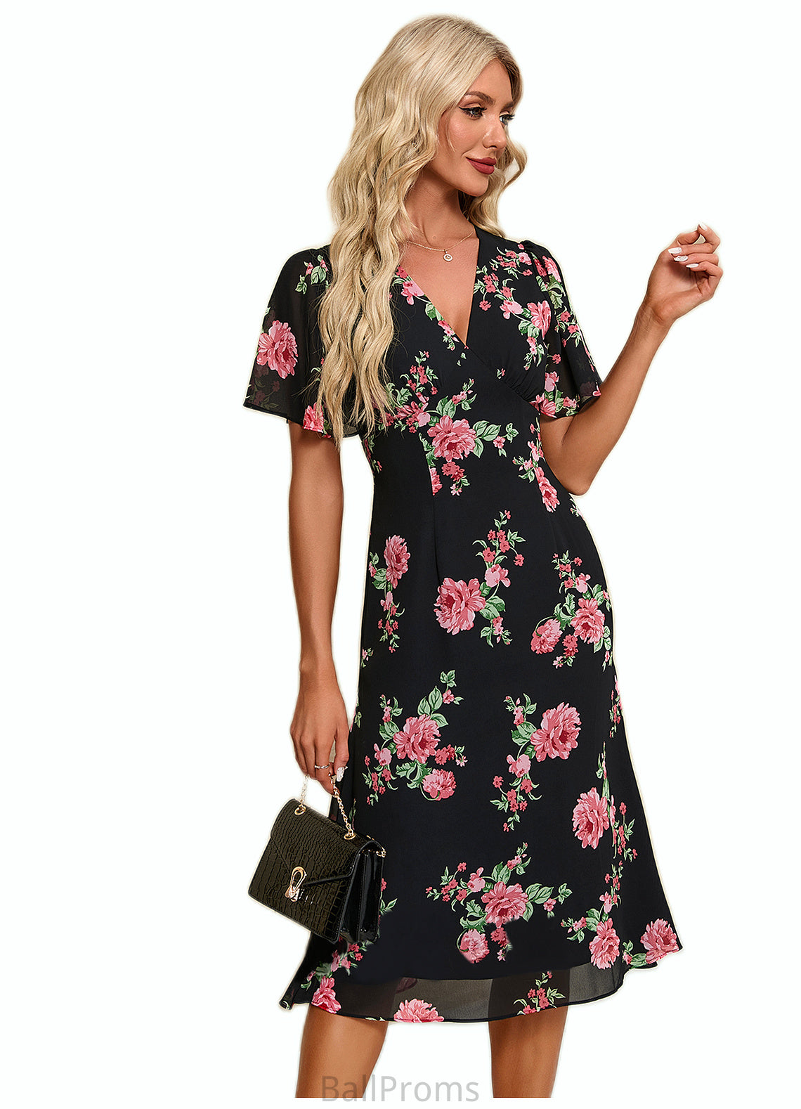 Ellen Floral Print V-Neck Elegant A-line Chiffon Midi Dresses HJP0022424