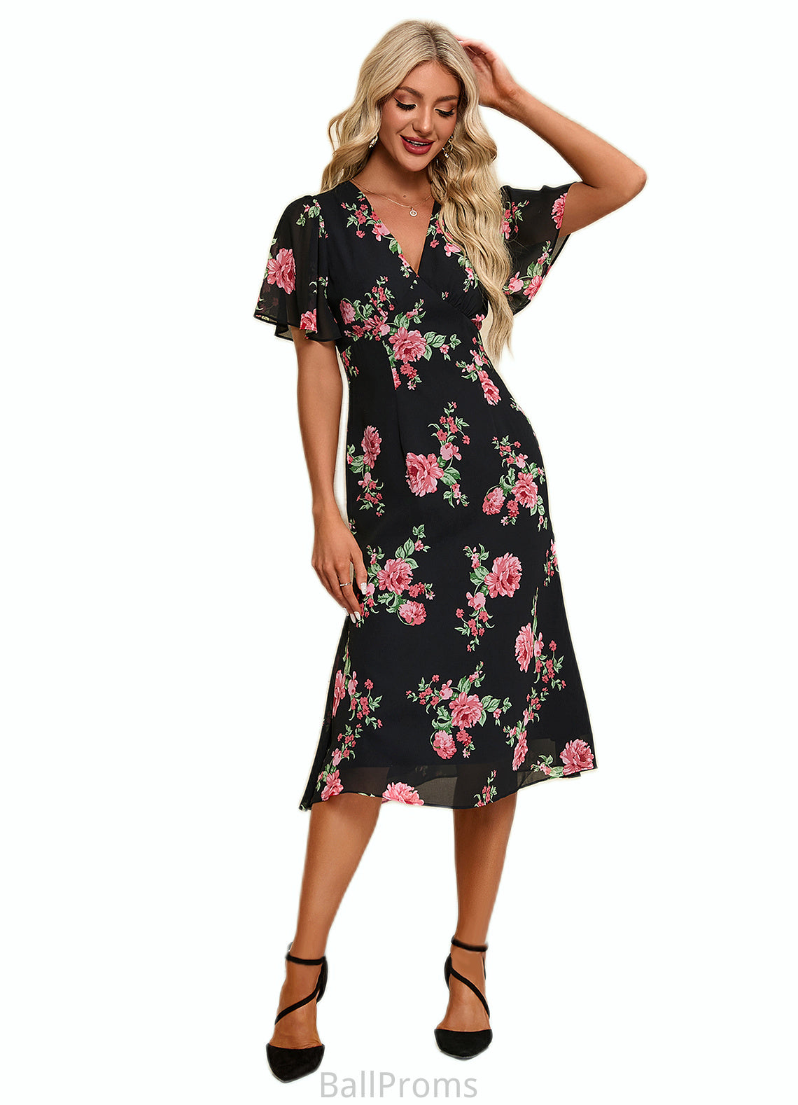 Ellen Floral Print V-Neck Elegant A-line Chiffon Midi Dresses HJP0022424