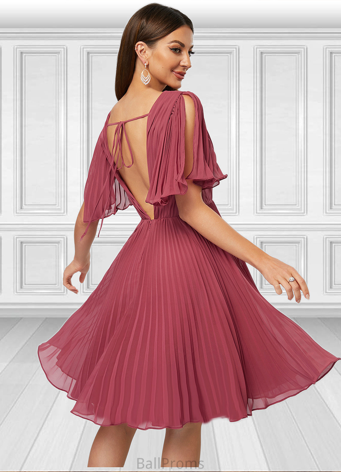 Kimberly A-line V-Neck Knee-Length Chiffon Cocktail Dress With Pleated HJP0022429