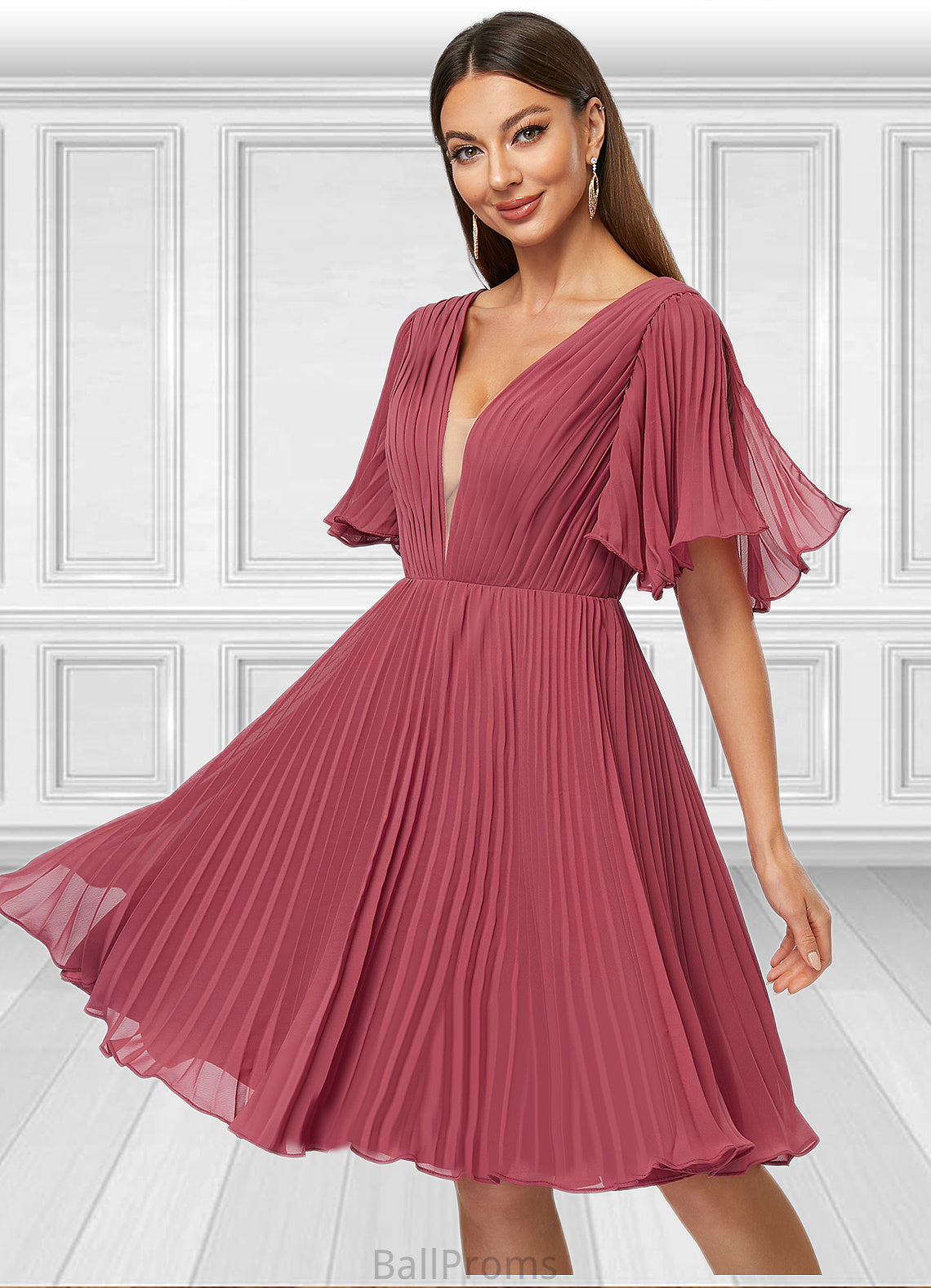 Kimberly A-line V-Neck Knee-Length Chiffon Cocktail Dress With Pleated HJP0022429