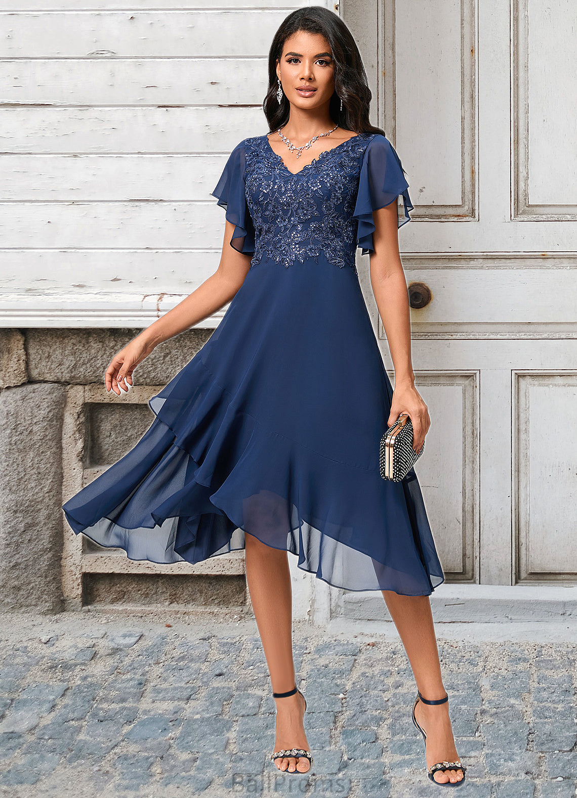 Katelyn A-line V-Neck Tea-Length Chiffon Lace Cocktail Dress With Cascading Ruffles HJP0022430