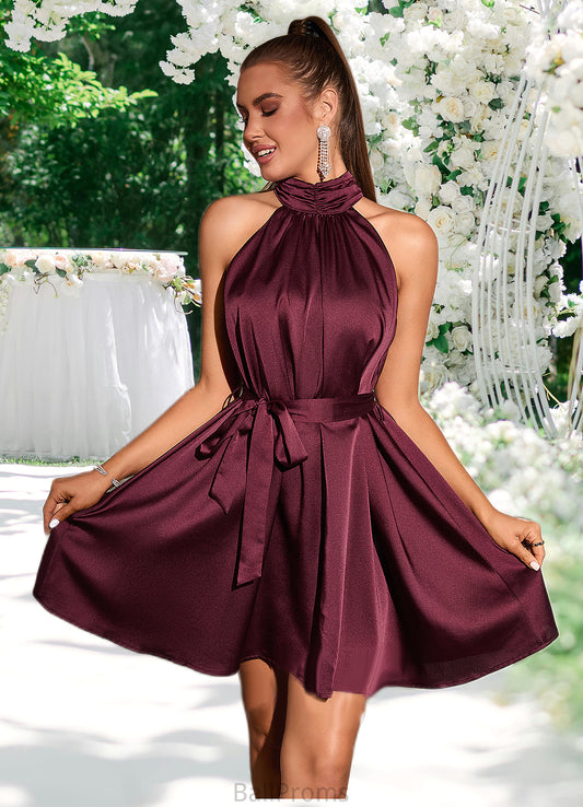 Valerie Ruffle High Neck Elegant A-line Satin Mini Dresses HJP0022436