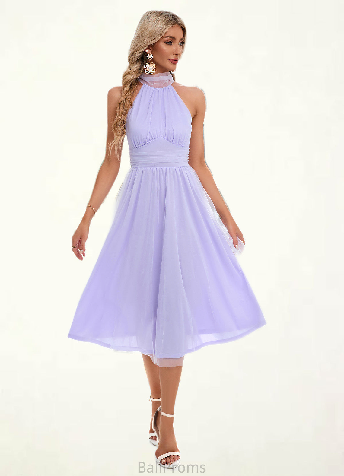 Ariella Ruffle High Neck Sexy A-line Tulle Midi Dresses HJP0022441