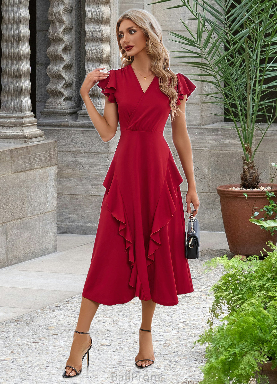 Gabriella Cascading Ruffles V-Neck Elegant A-line Cotton Blends Midi Dresses HJP0022444