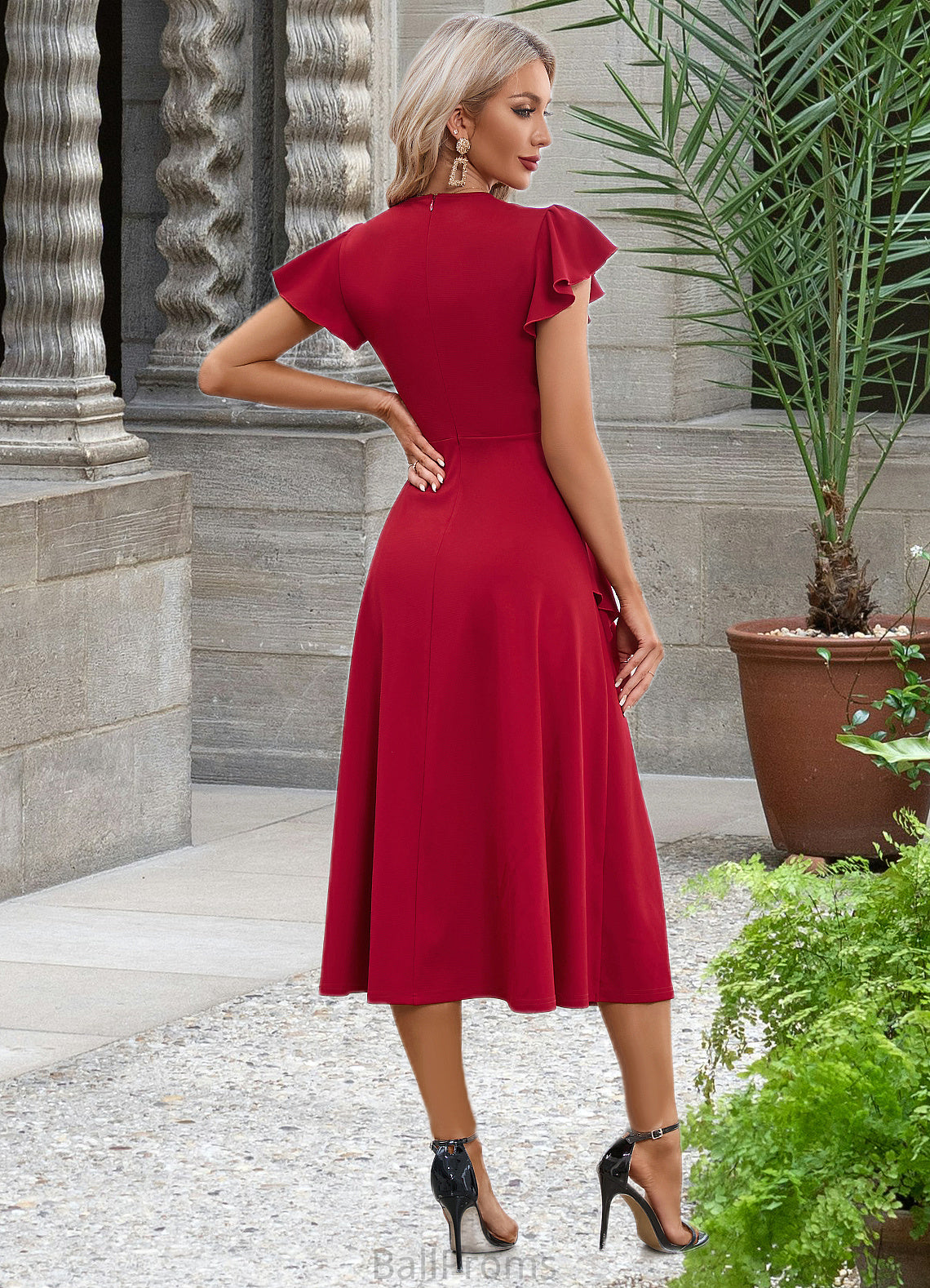 Gabriella Cascading Ruffles V-Neck Elegant A-line Cotton Blends Midi Dresses HJP0022444