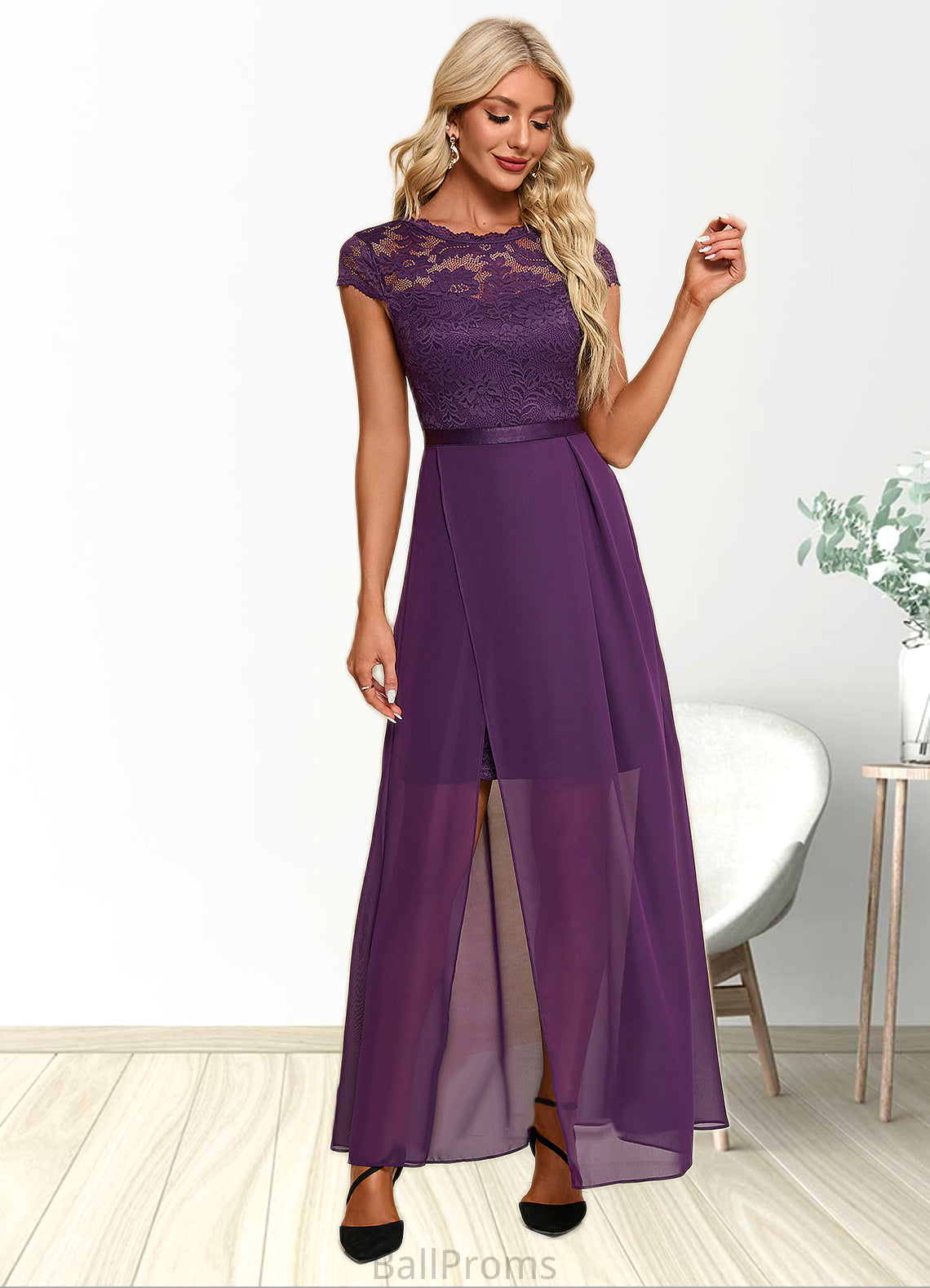 Holly Illusion Elegant A-line Chiffon Lace Maxi Dresses HJP0022451