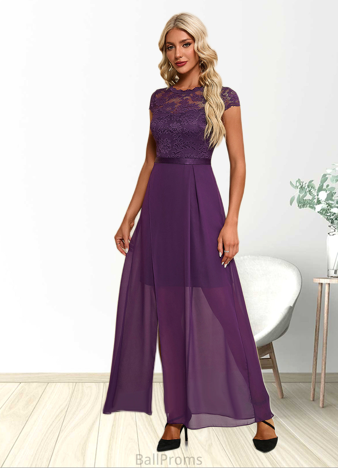 Holly Illusion Elegant A-line Chiffon Lace Maxi Dresses HJP0022451