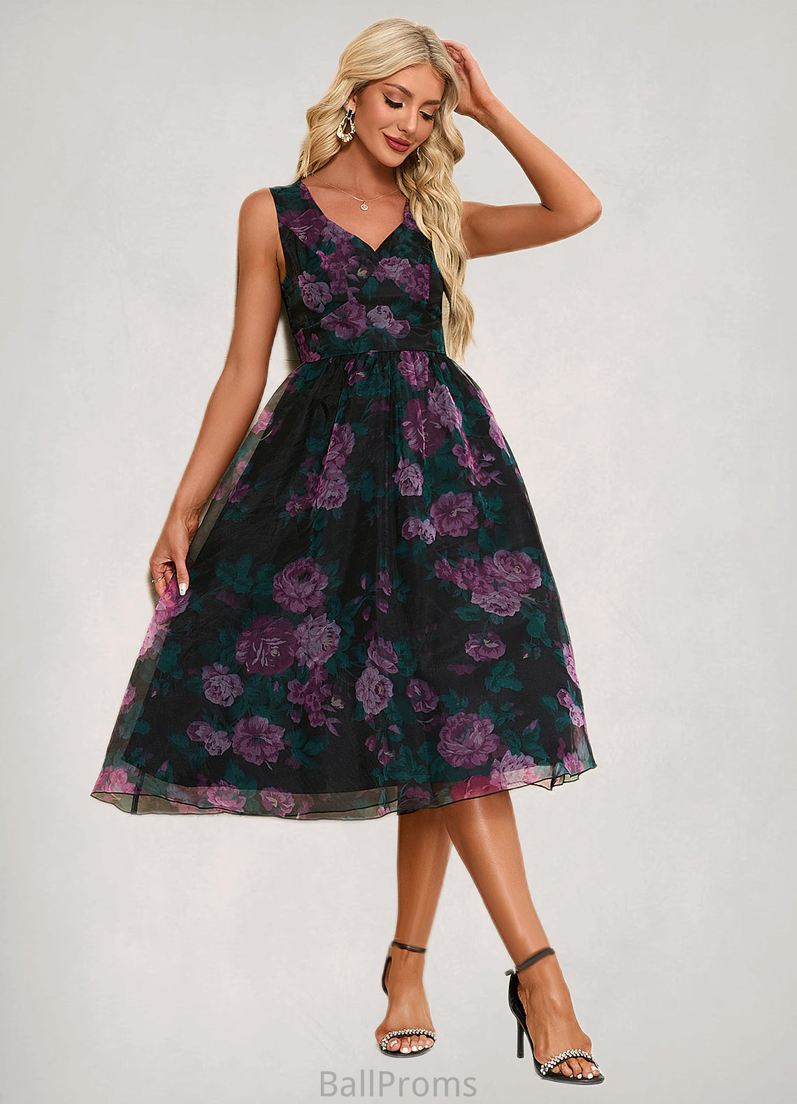 Rosalind Floral Print Sweetheart Elegant A-line Organza Midi Dresses HJP0022454