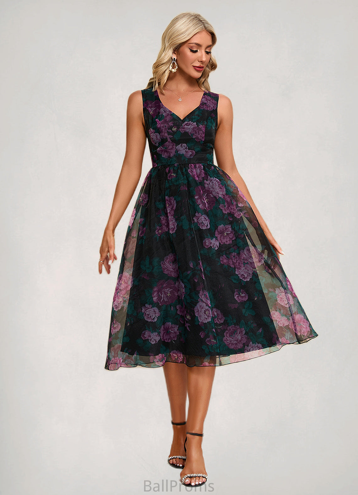 Rosalind Floral Print Sweetheart Elegant A-line Organza Midi Dresses HJP0022454