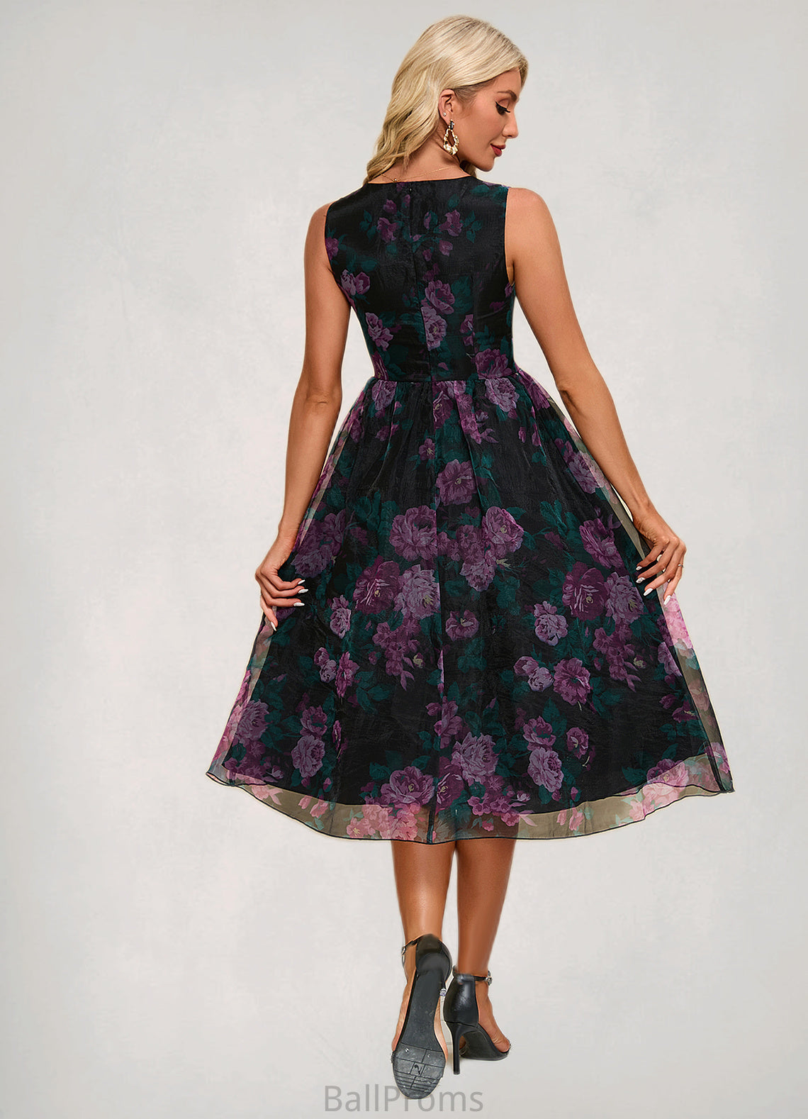 Rosalind Floral Print Sweetheart Elegant A-line Organza Midi Dresses HJP0022454