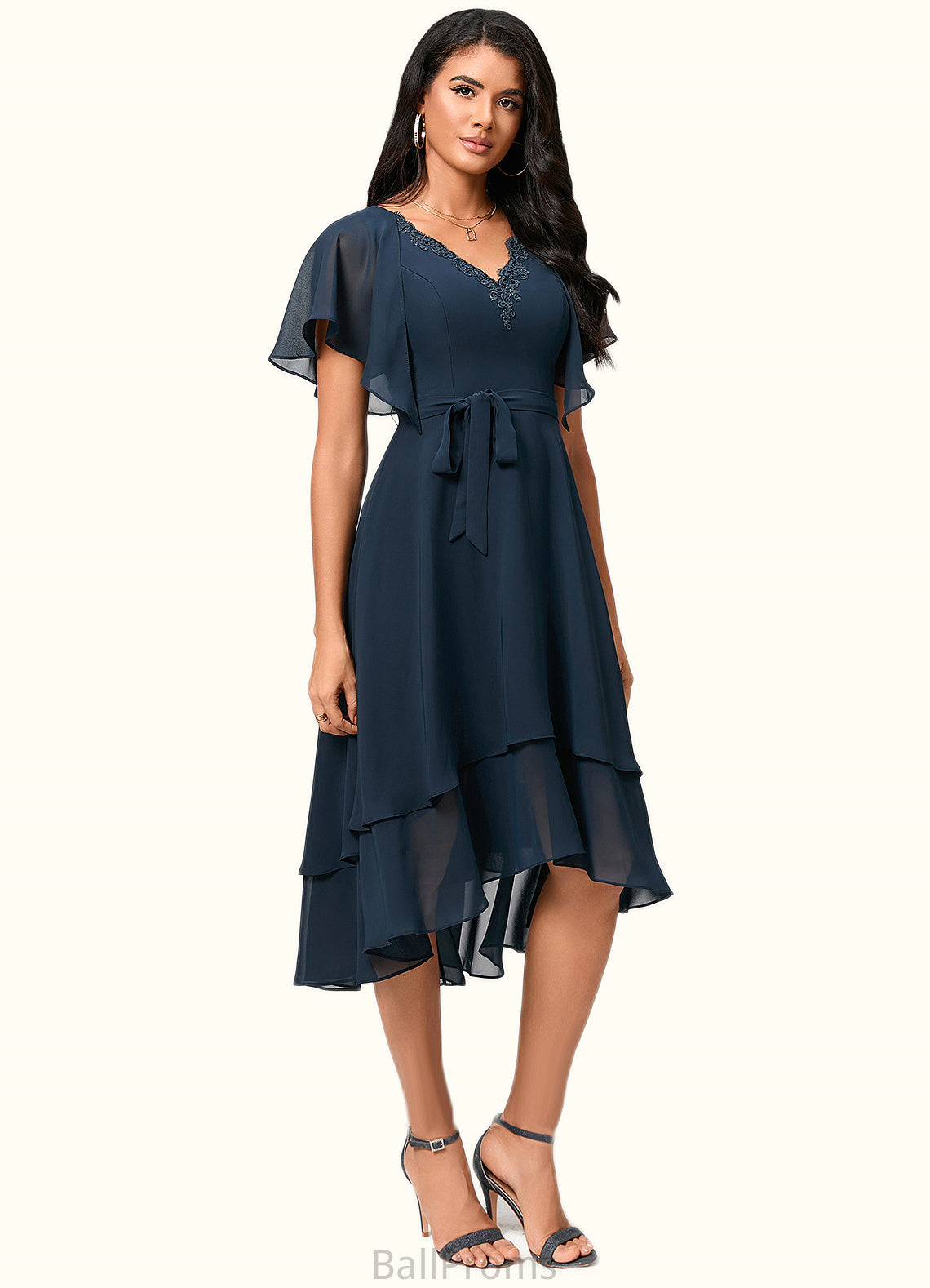 Cameron A-line V-Neck Asymmetrical Chiffon Lace Cocktail Dress HJP0022461