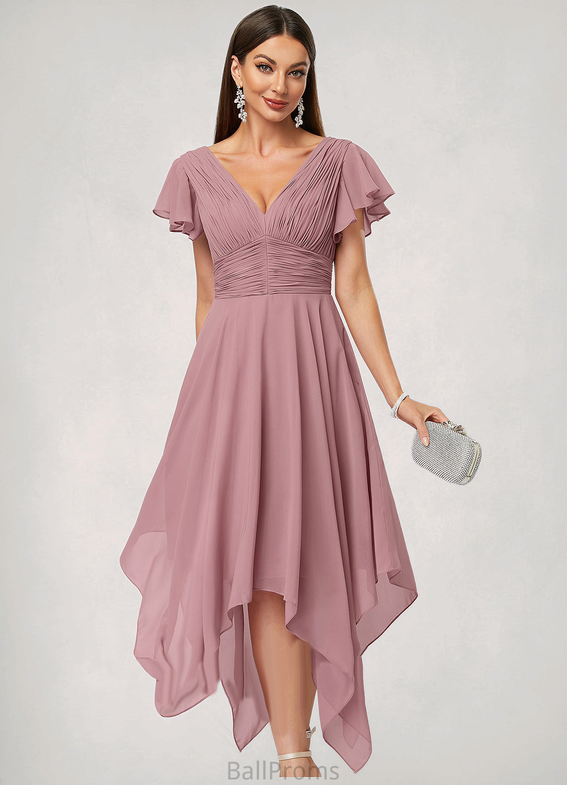 Avery A-line V-Neck Ankle-Length Chiffon Cocktail Dress With Ruffle HJP0022486