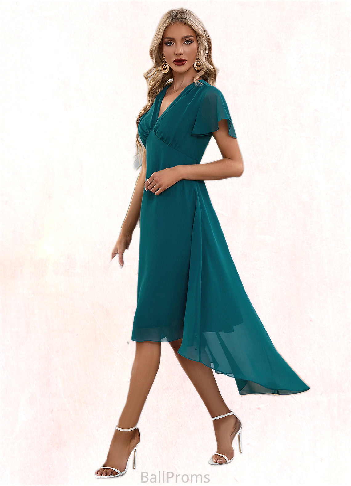 Gertie V-Neck Elegant A-line Chiffon Asymmetrical Midi Dresses HJP0022495