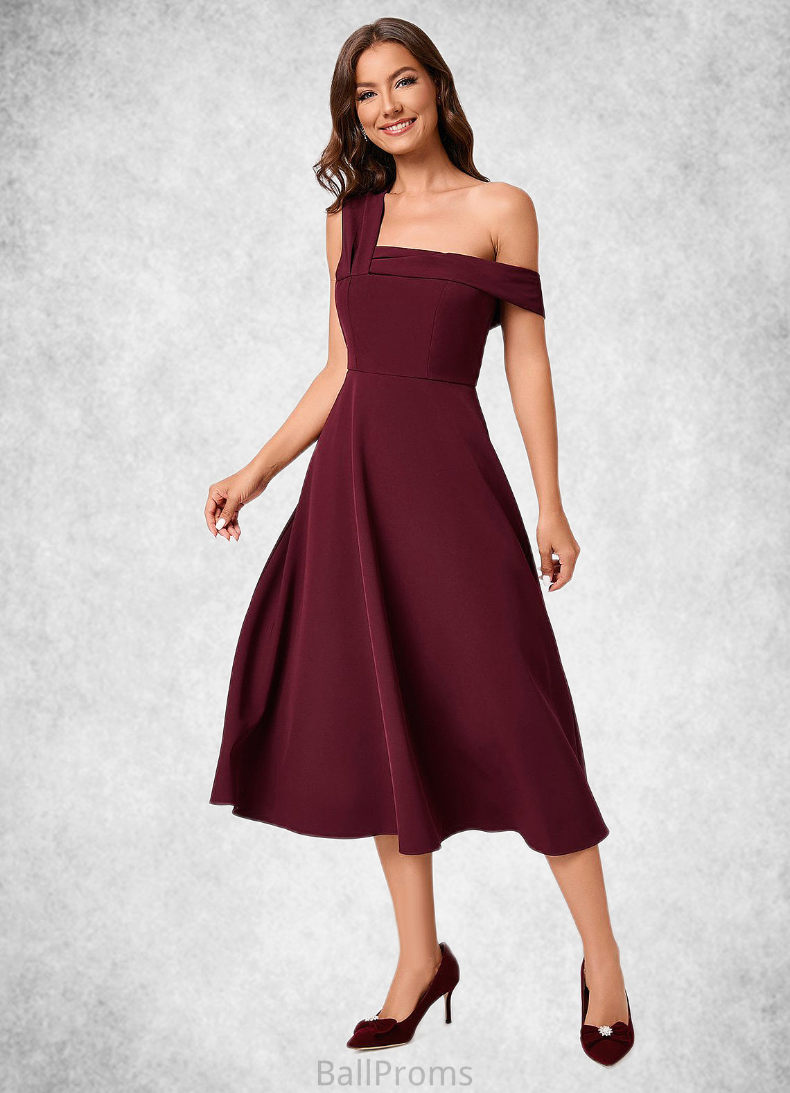 Esperanza A-line One Shoulder Tea-Length Stretch Crepe Cocktail Dress With Ruffle HJP0022501