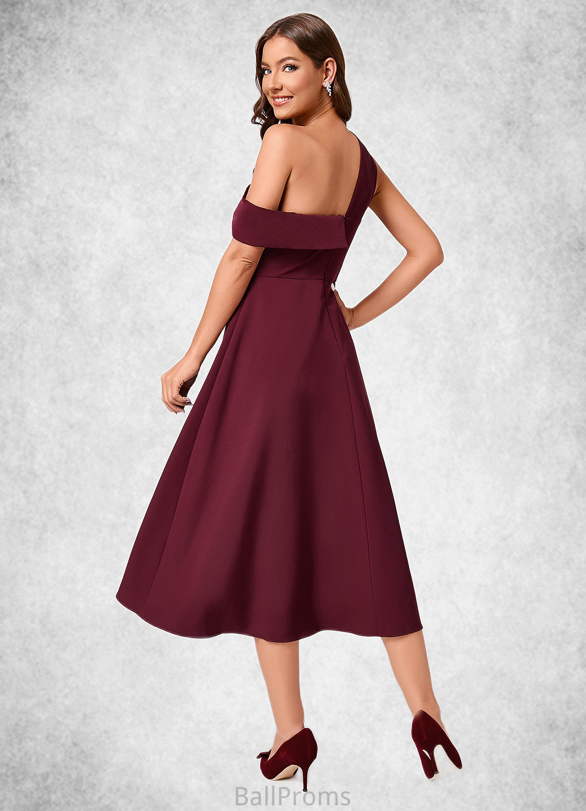 Esperanza A-line One Shoulder Tea-Length Stretch Crepe Cocktail Dress With Ruffle HJP0022501