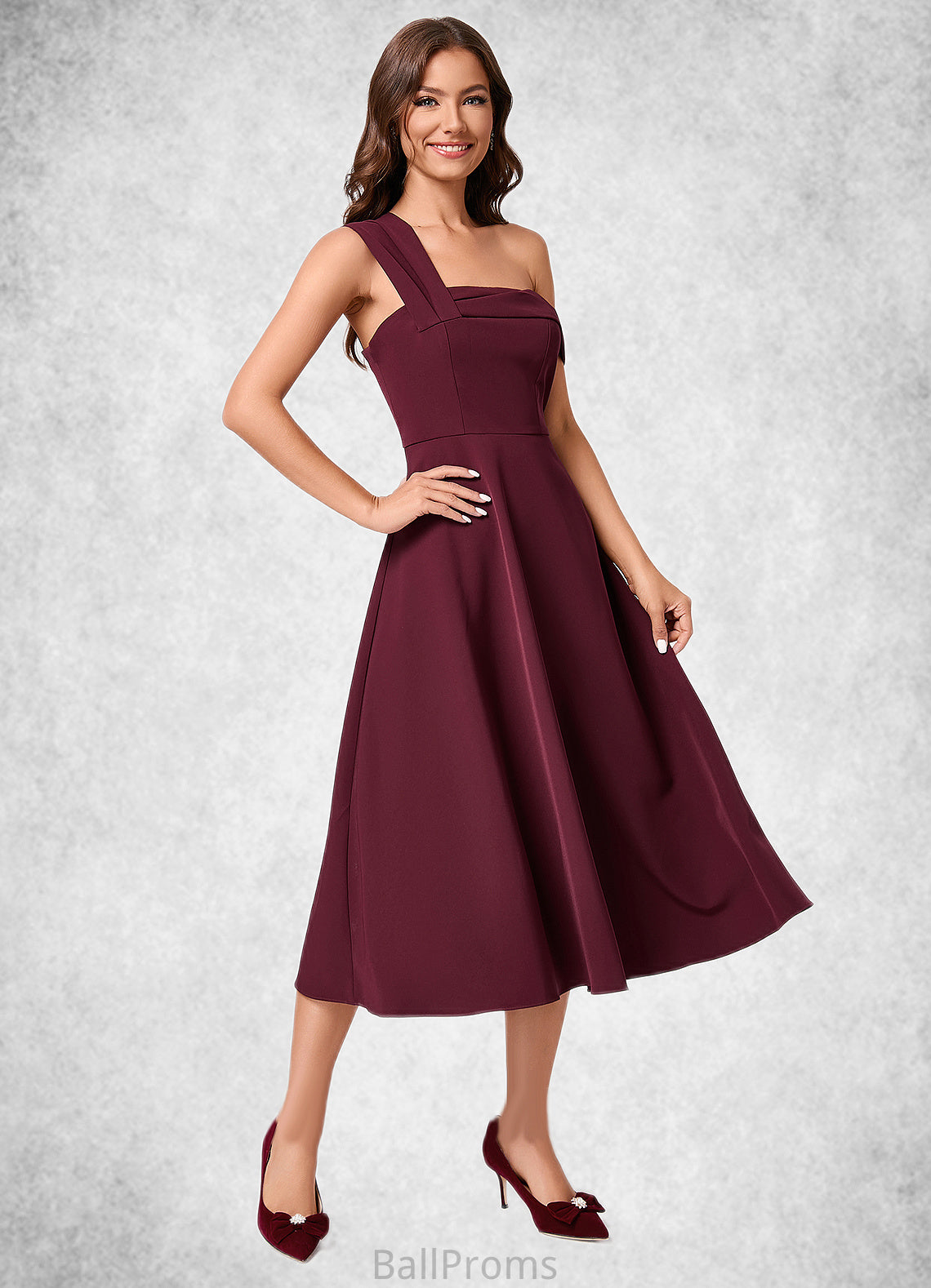 Esperanza A-line One Shoulder Tea-Length Stretch Crepe Cocktail Dress With Ruffle HJP0022501