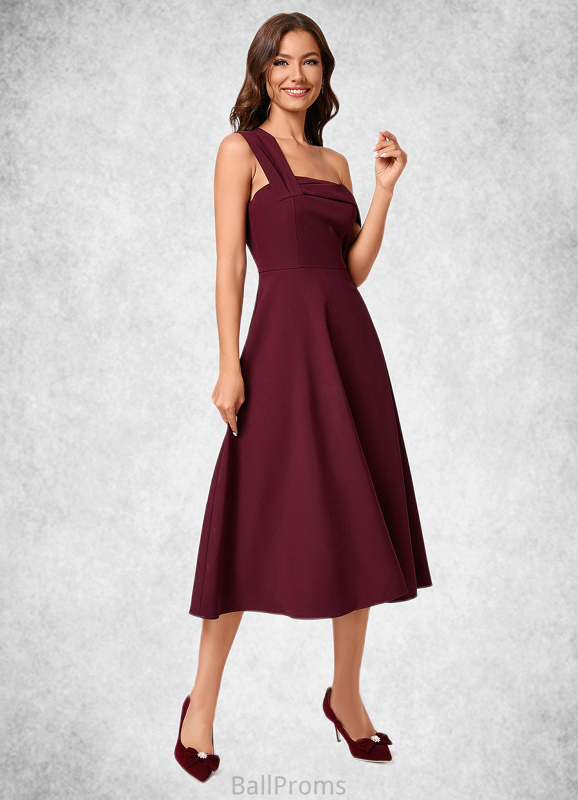 Esperanza A-line One Shoulder Tea-Length Stretch Crepe Cocktail Dress With Ruffle HJP0022501