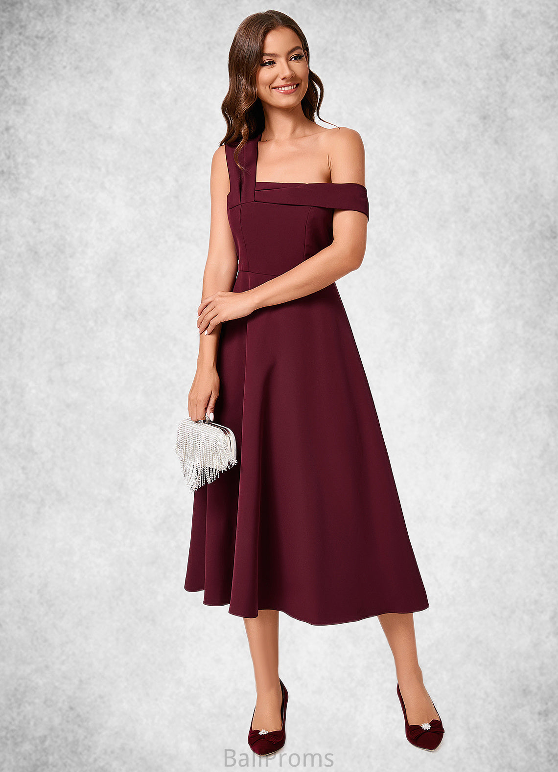 Esperanza A-line One Shoulder Tea-Length Stretch Crepe Cocktail Dress With Ruffle HJP0022501