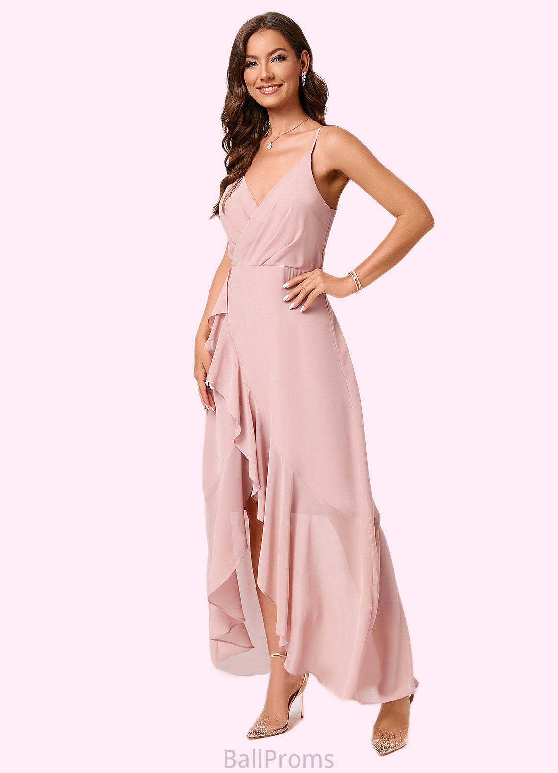 Krista A-line V-Neck Asymmetrical Chiffon Cocktail Dress With Cascading Ruffles Ruffle HJP0022502