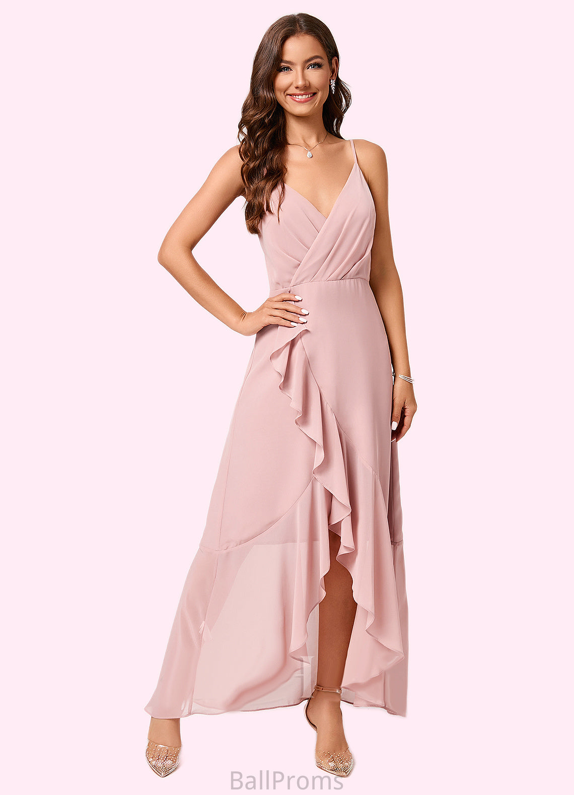 Krista A-line V-Neck Asymmetrical Chiffon Cocktail Dress With Cascading Ruffles Ruffle HJP0022502