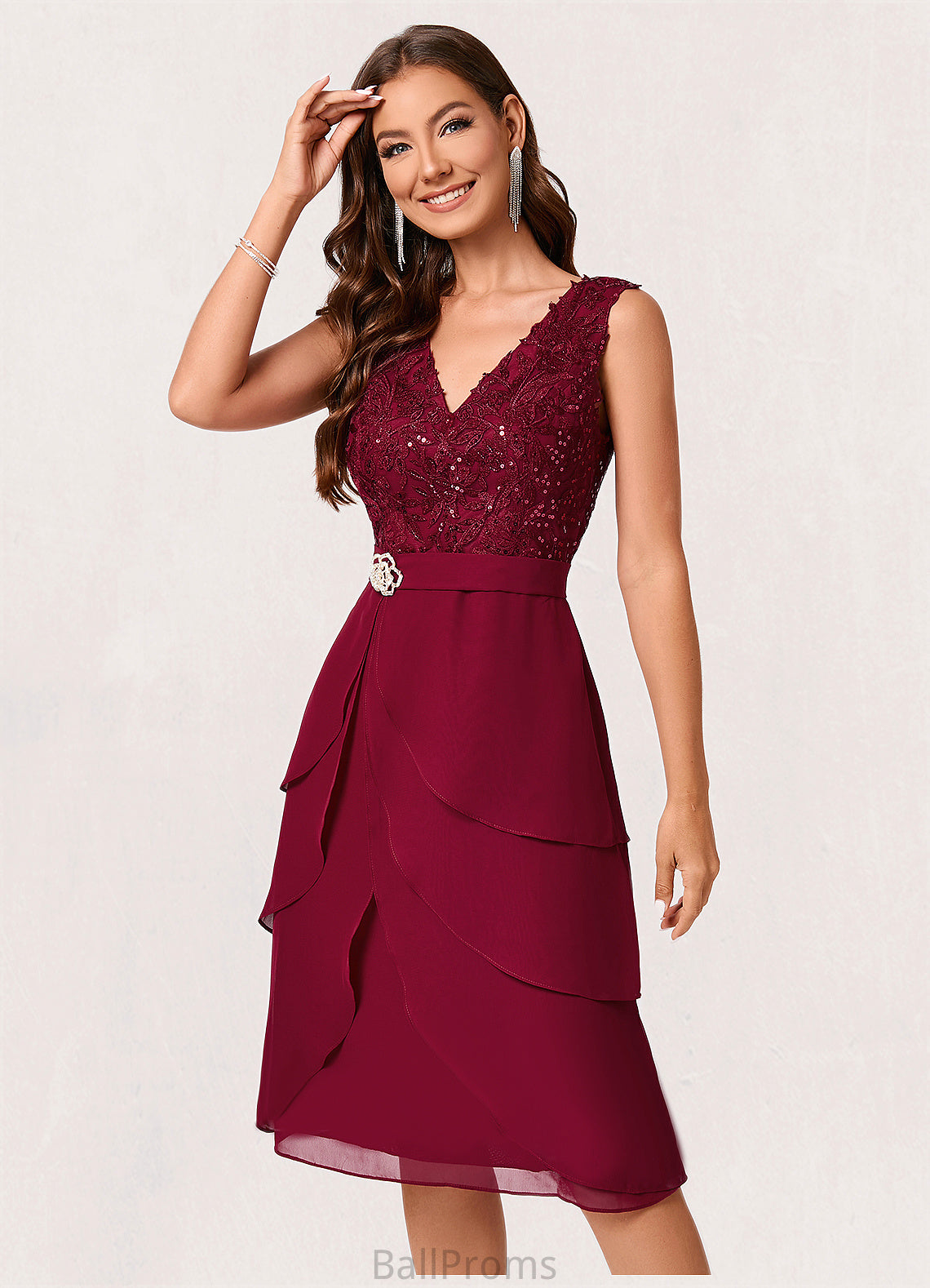 Sanai Sheath/Column V-Neck Knee-Length Chiffon Lace Sequin Cocktail Dress With Ruffle Sequins HJP0022503