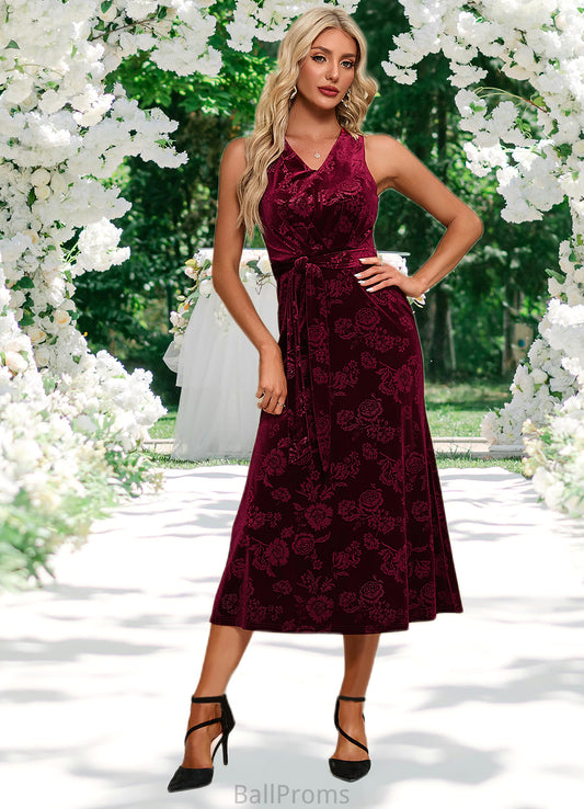 Callie Flower V-Neck Elegant A-line Velvet Midi Dresses HJP0022504