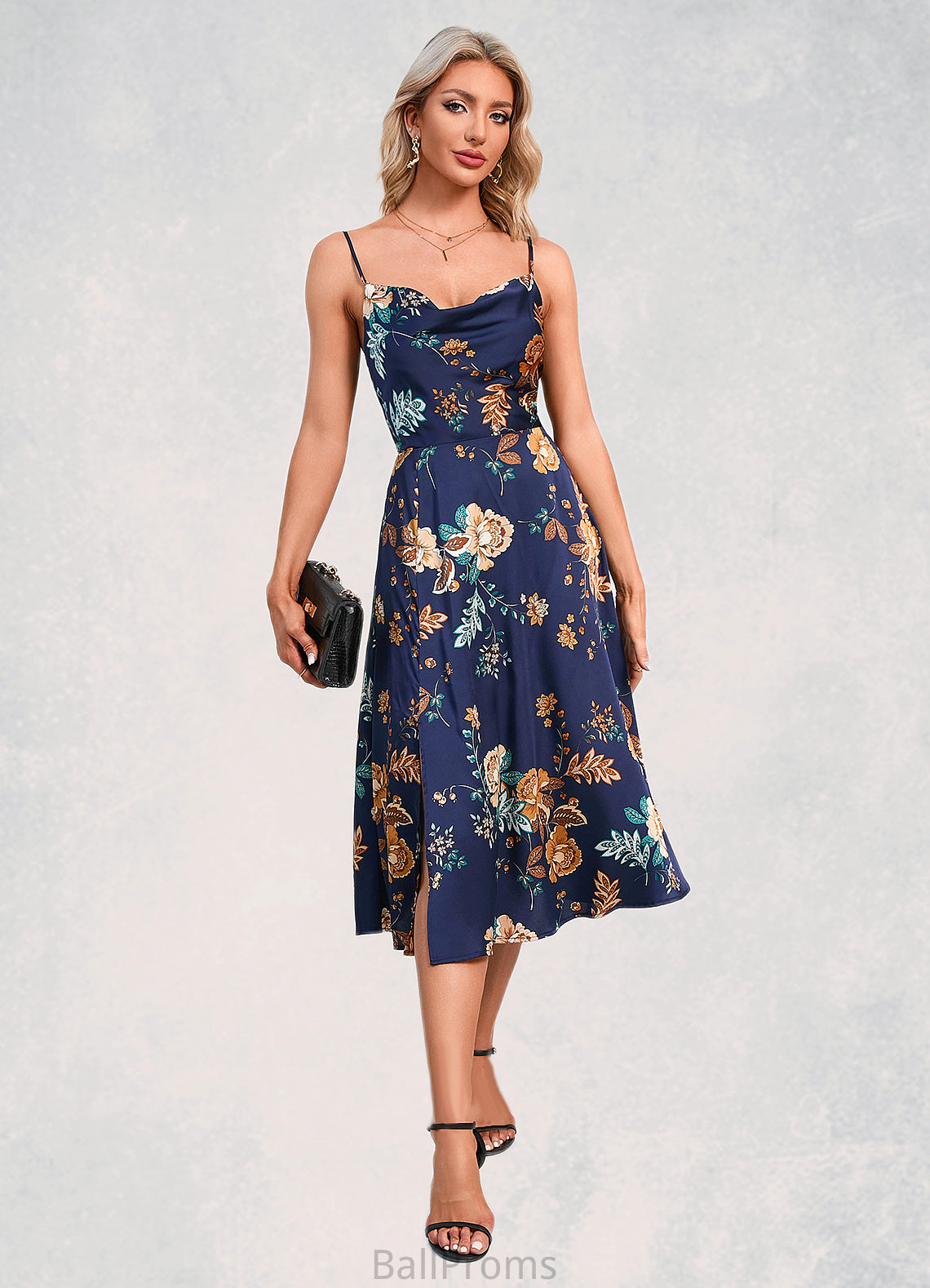 Clara Floral Print Cowl Elegant A-line Satin Dresses HJP0022508