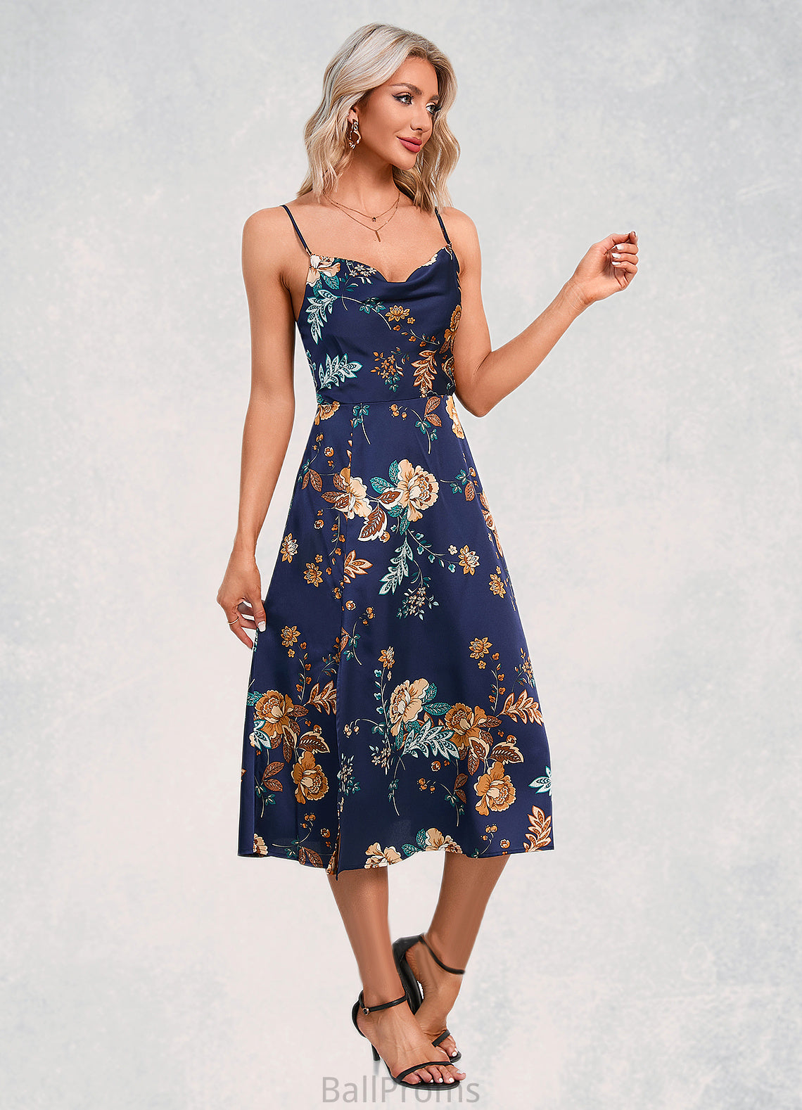 Clara Floral Print Cowl Elegant A-line Satin Dresses HJP0022508