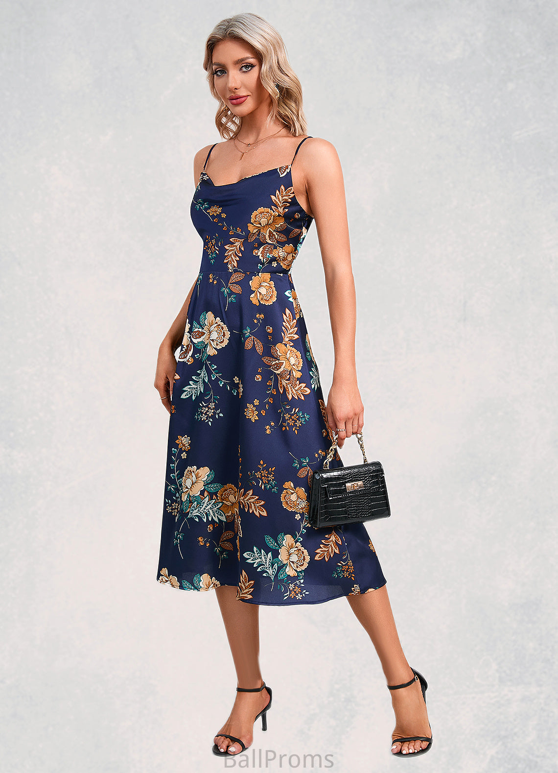 Clara Floral Print Cowl Elegant A-line Satin Dresses HJP0022508