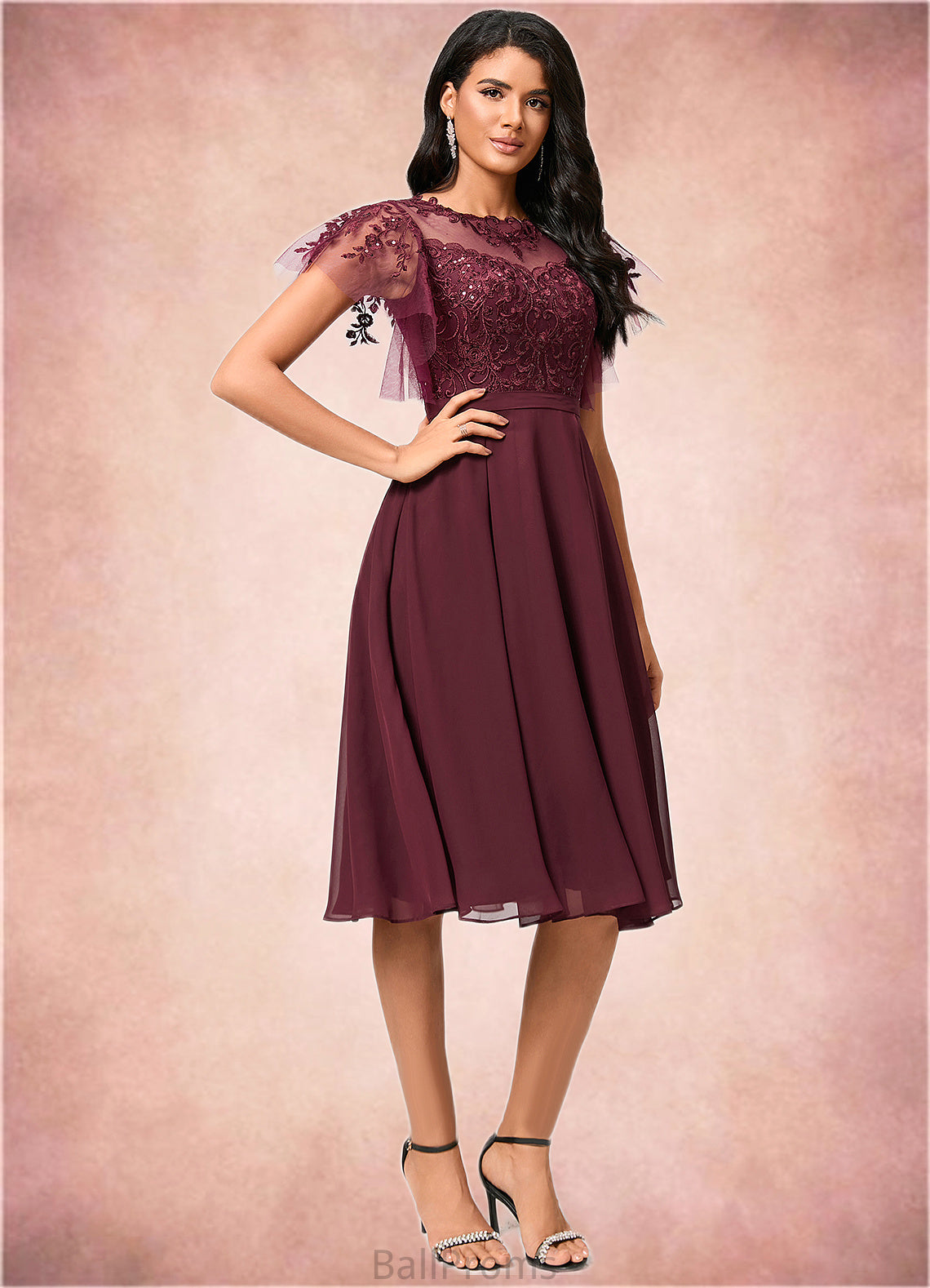 Eve A-line Illusion Knee-Length Chiffon Cocktail Dress With Sequins HJP0022512